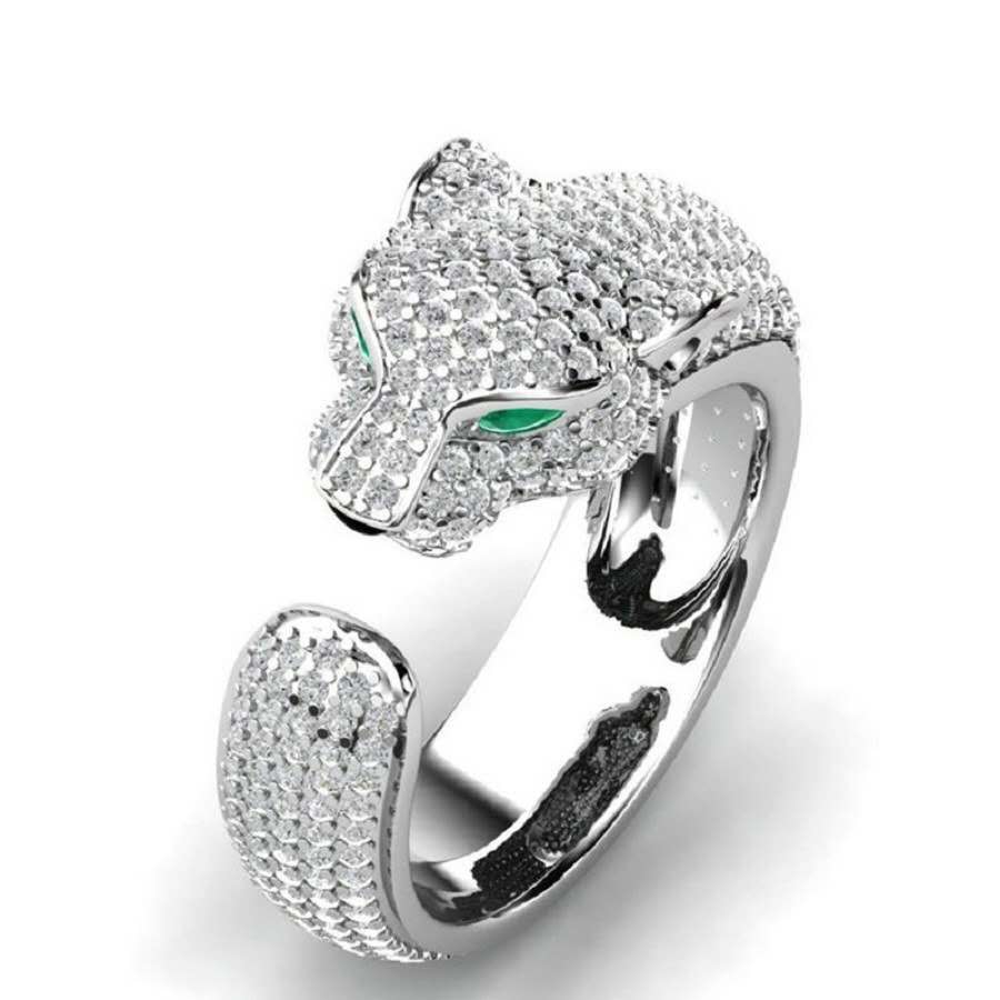 Open-style leopard head ring with cubic zirconia and rhinestones
