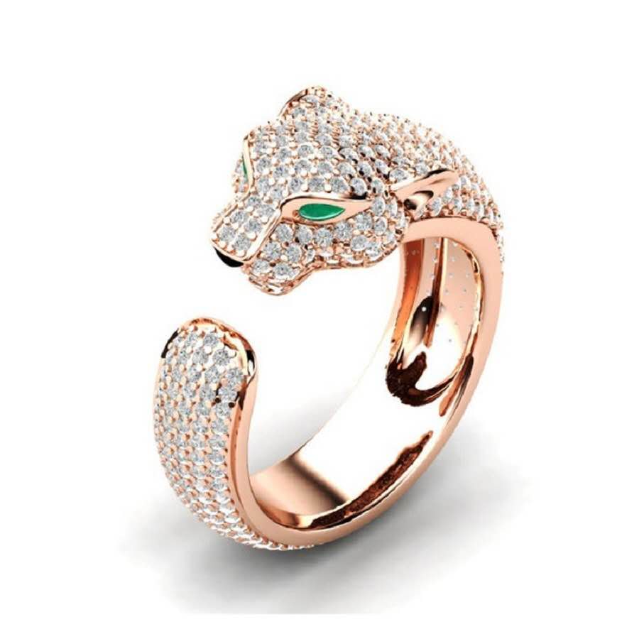 Open-style leopard head ring with cubic zirconia and rhinestones