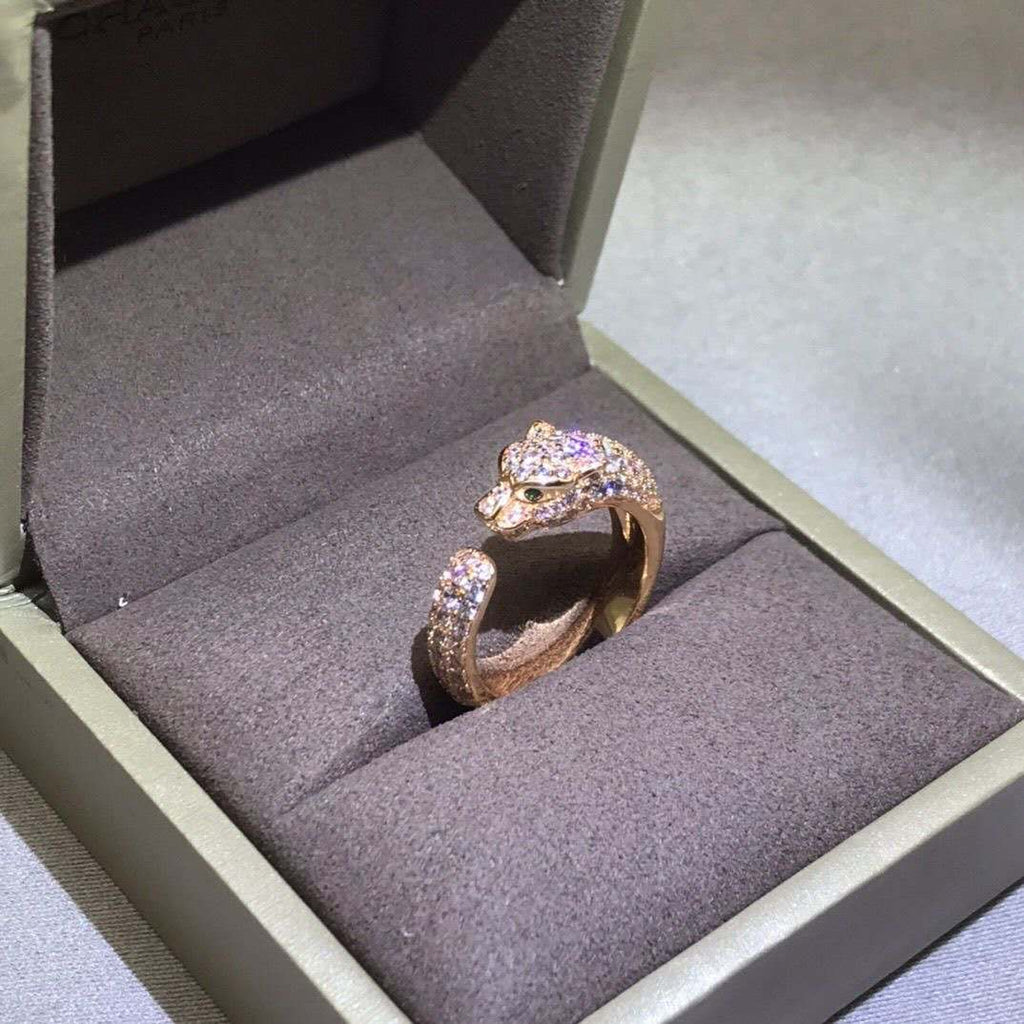 Open-style leopard head ring with cubic zirconia and rhinestones