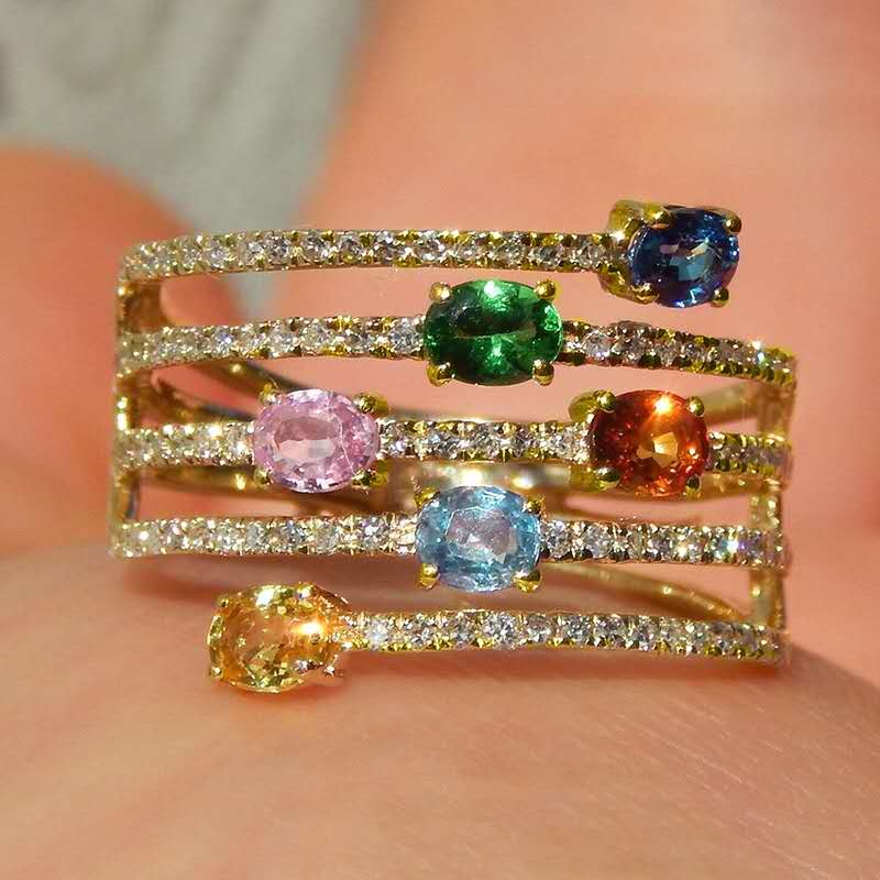 Multi-layered ring with rhinestones and colored cubic zirconia