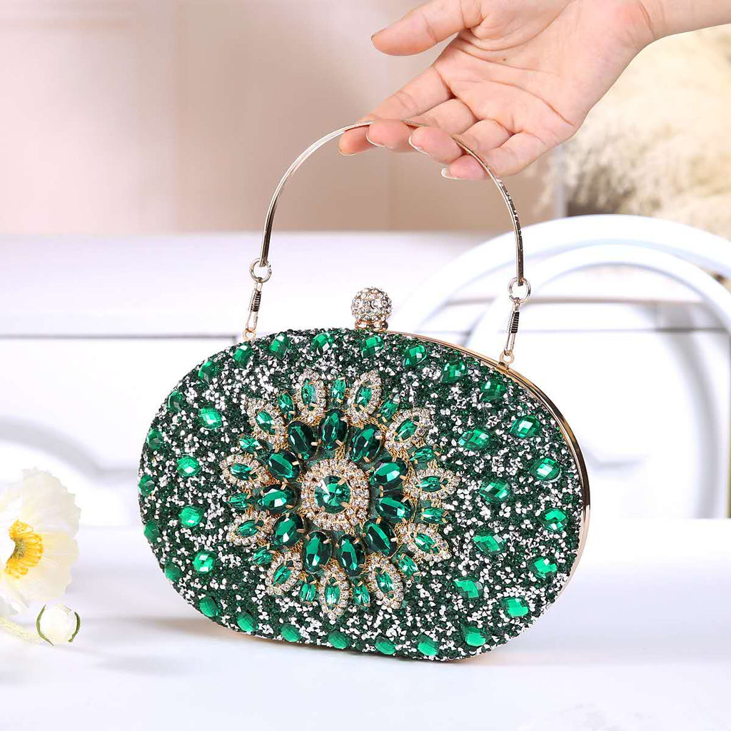 Elegant hard-shell clutch with cubic zirconia and rhinestones