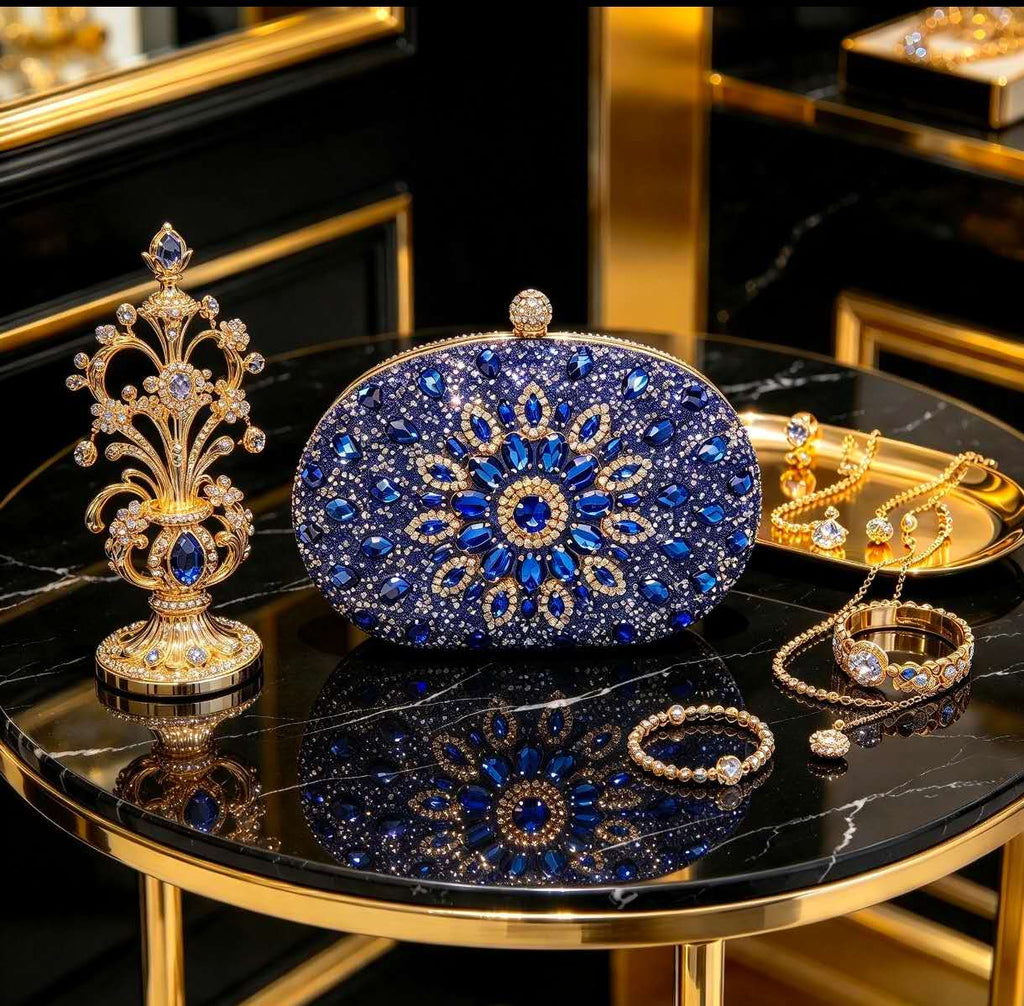 Elegant hard-shell clutch with cubic zirconia and rhinestones