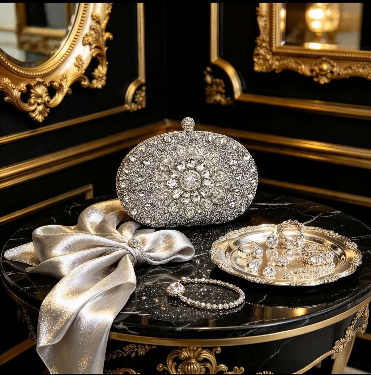 Elegant hard-shell clutch with cubic zirconia and rhinestones