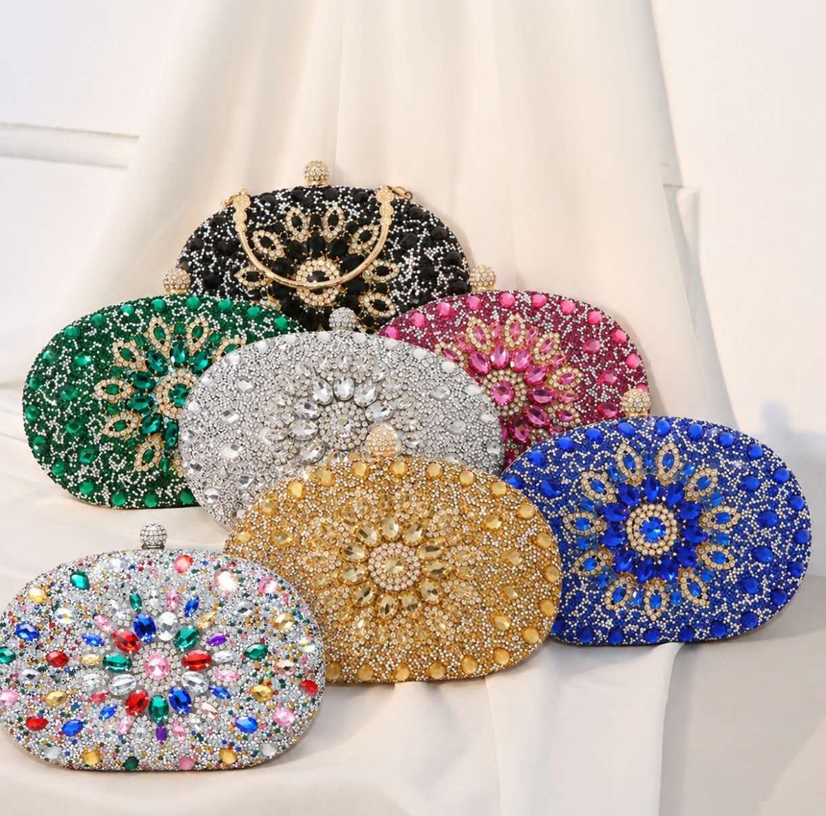 Elegant hard-shell clutch with cubic zirconia and rhinestones
