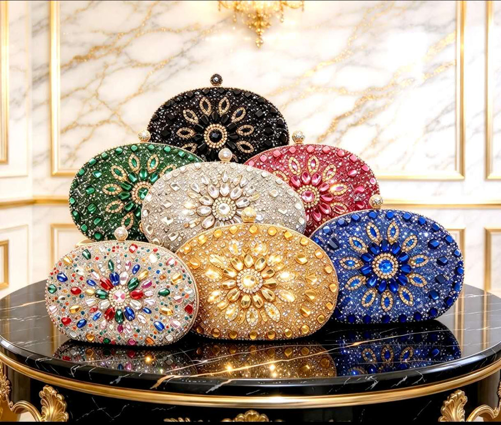 Elegant hard-shell clutch with cubic zirconia and rhinestones