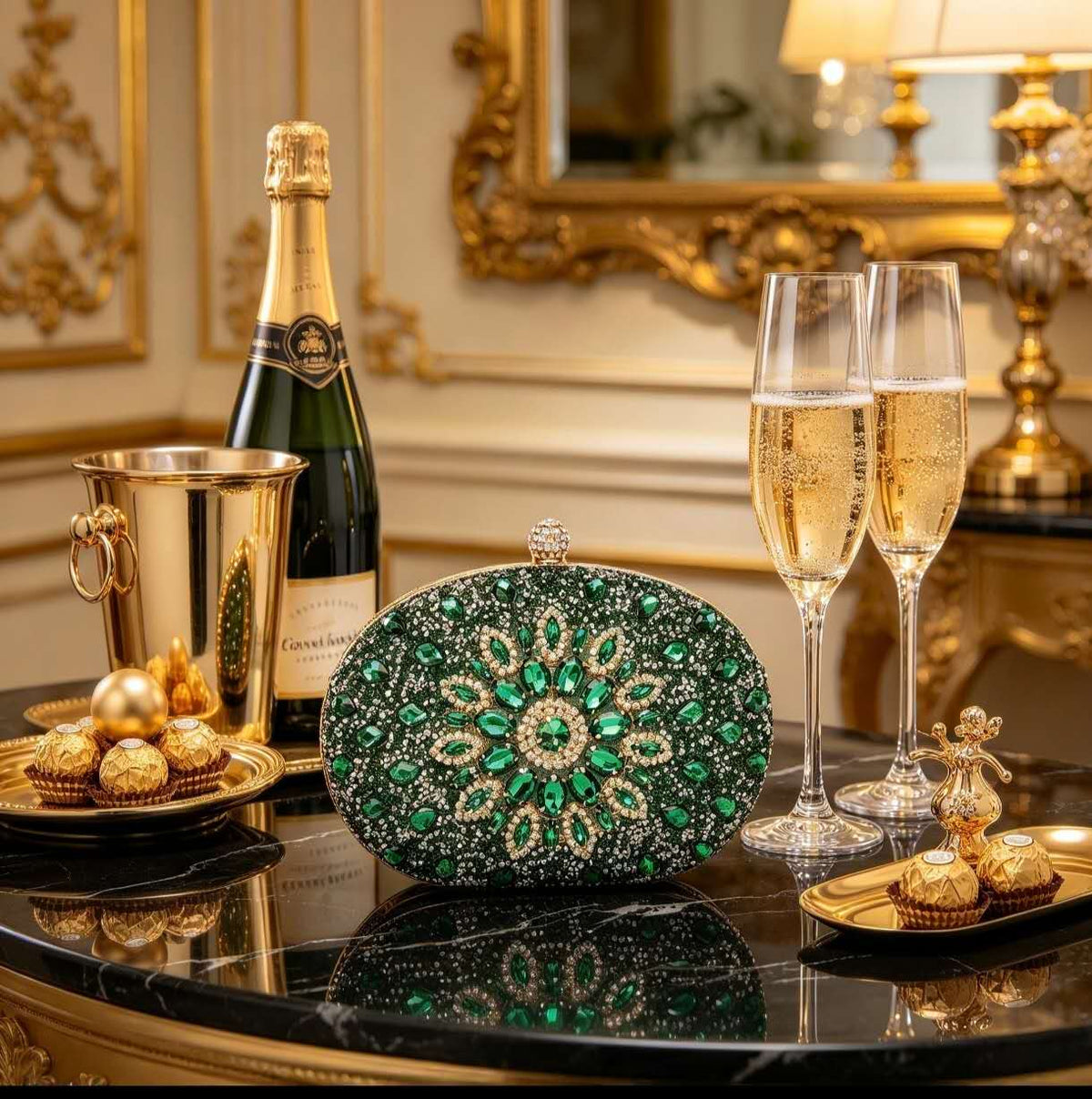 Elegant hard-shell clutch with cubic zirconia and rhinestones