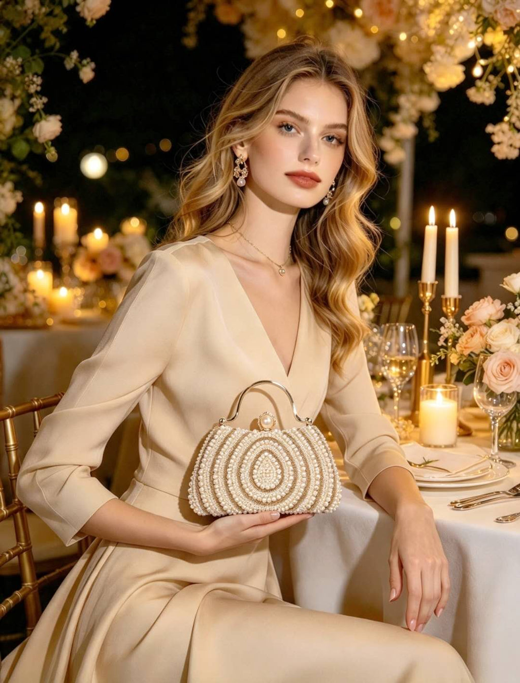 Elegant hard-shell clutch with pearls and cubic zirconia