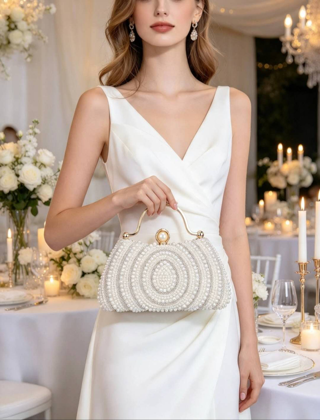 Elegant hard-shell clutch with pearls and cubic zirconia