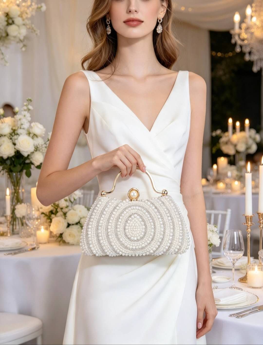 Elegant hard-shell clutch with pearls and cubic zirconia