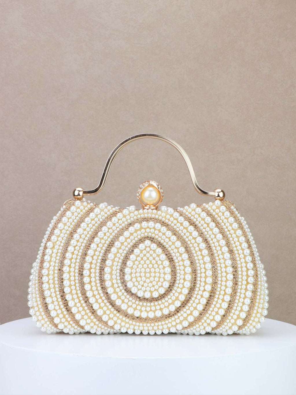 Elegant hard-shell clutch with pearls and cubic zirconia