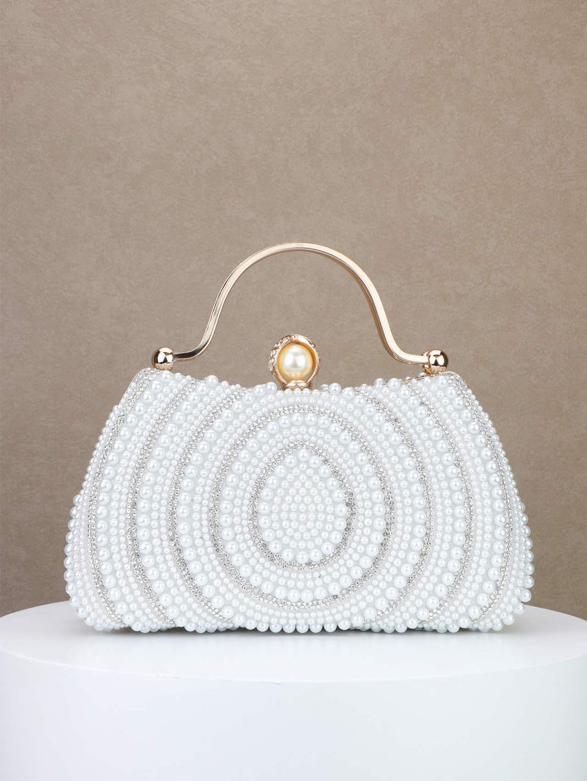 Elegant hard-shell clutch with pearls and cubic zirconia