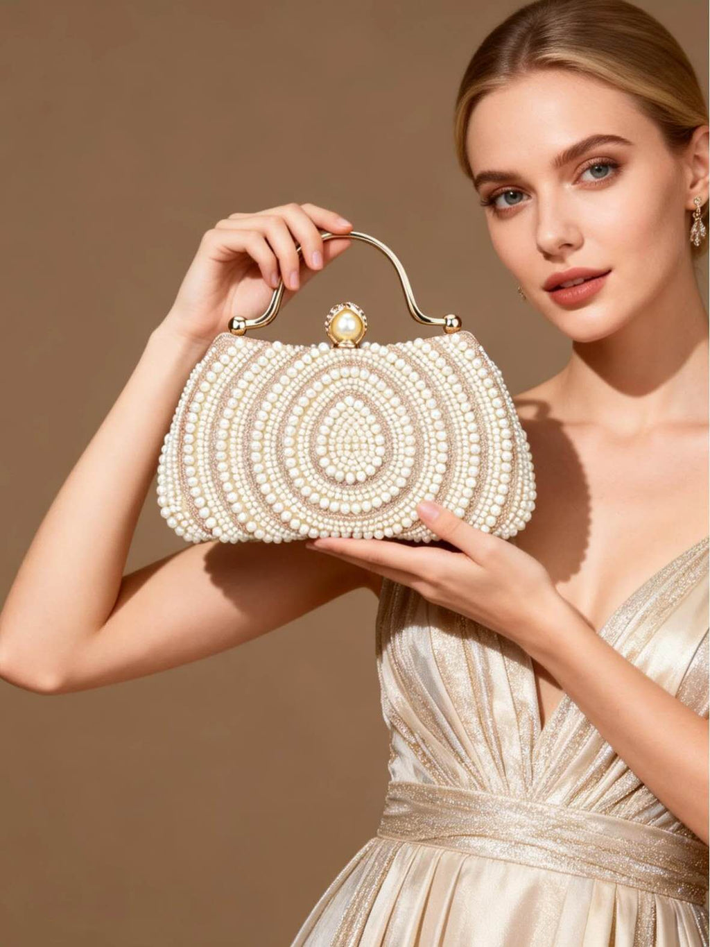 Elegant hard-shell clutch with pearls and cubic zirconia