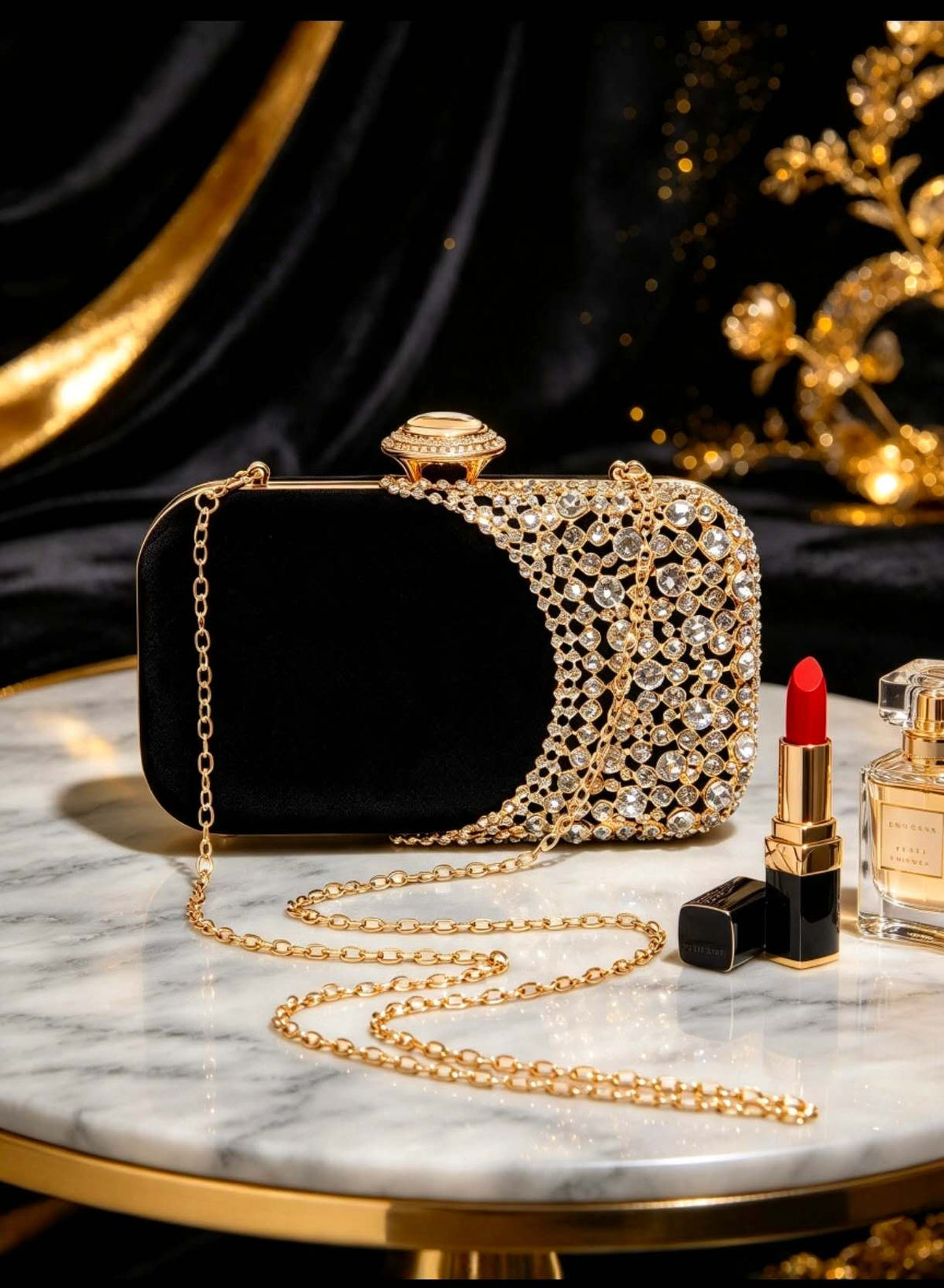 Trendy rigid velvet clutch with rhinestones