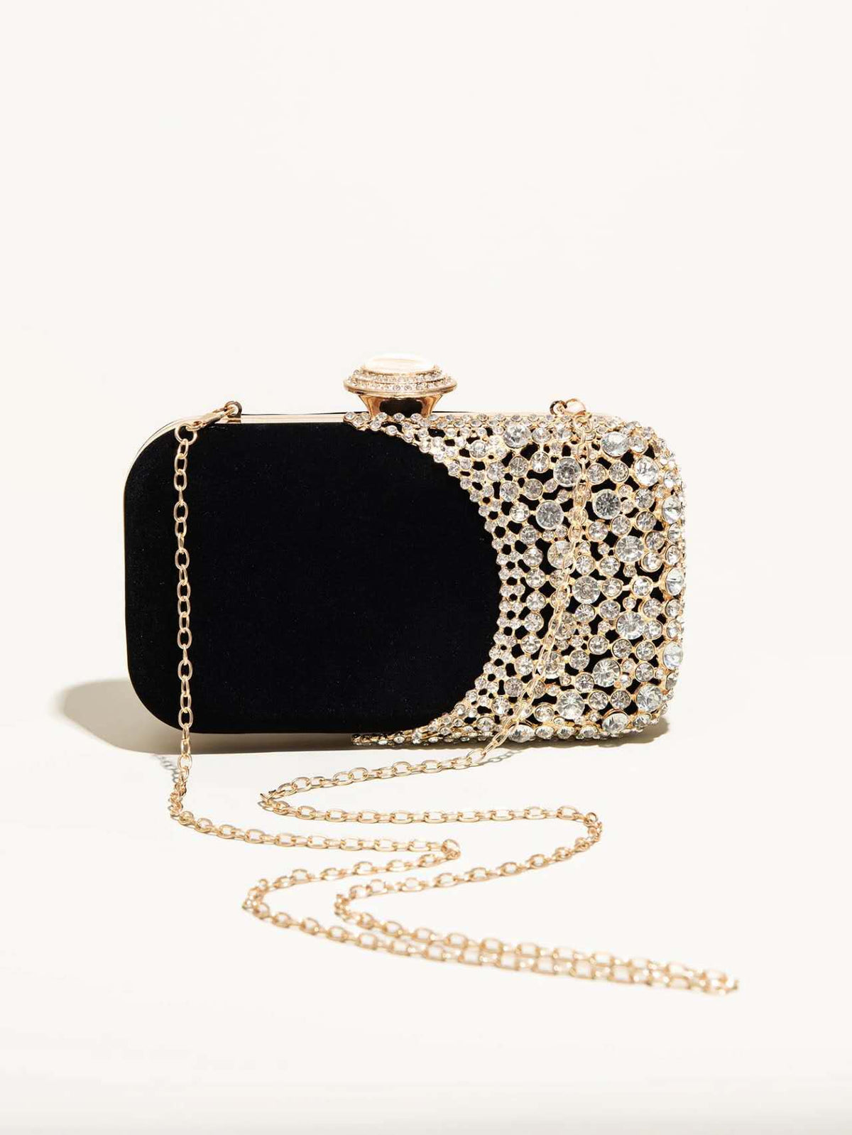 Trendy rigid velvet clutch with rhinestones