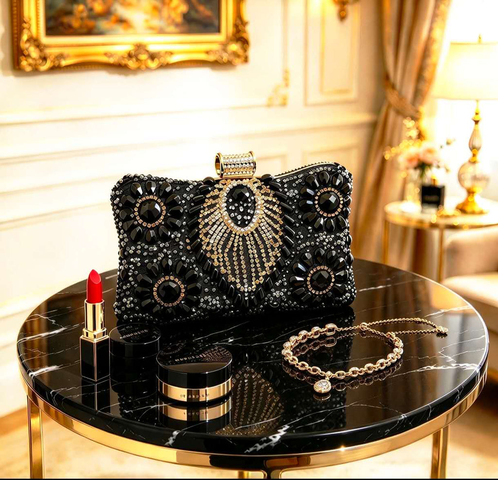 Luxury Rhinestone & Zircon Hard Case Evening Clutch Bag, Metal Handle, Detachable Long Chain, Formal Party Handbag