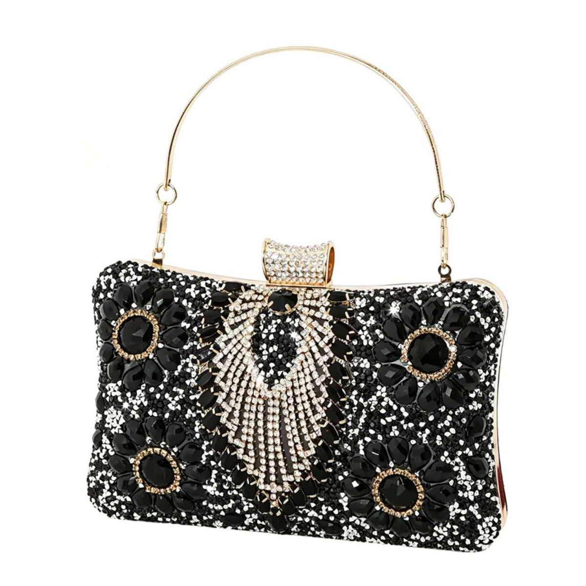 Luxury Rhinestone & Zircon Hard Case Evening Clutch Bag, Metal Handle, Detachable Long Chain, Formal Party Handbag