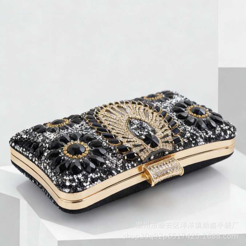 Luxury Rhinestone & Zircon Hard Case Evening Clutch Bag, Metal Handle, Detachable Long Chain, Formal Party Handbag