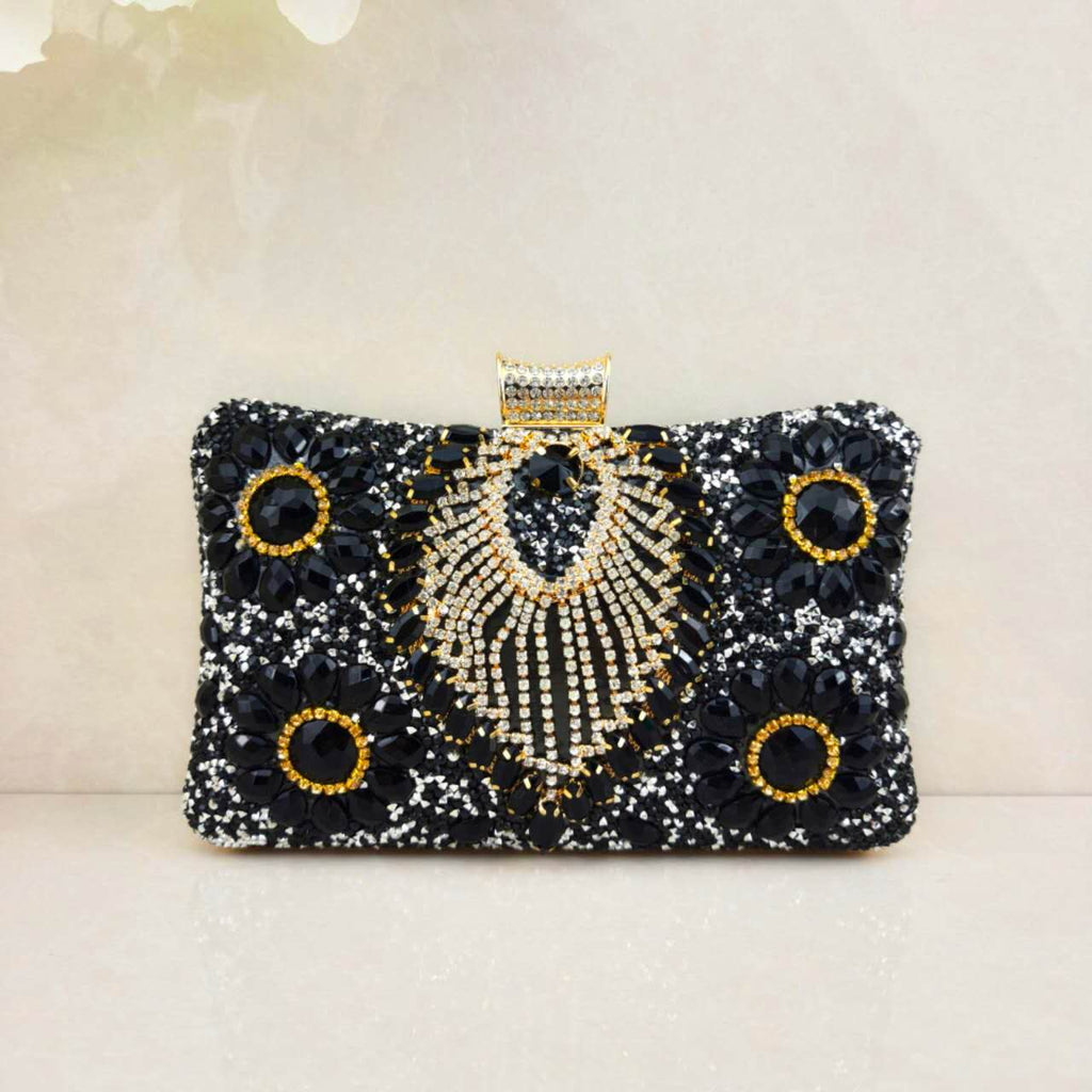 Luxury Rhinestone & Zircon Hard Case Evening Clutch Bag, Metal Handle, Detachable Long Chain, Formal Party Handbag