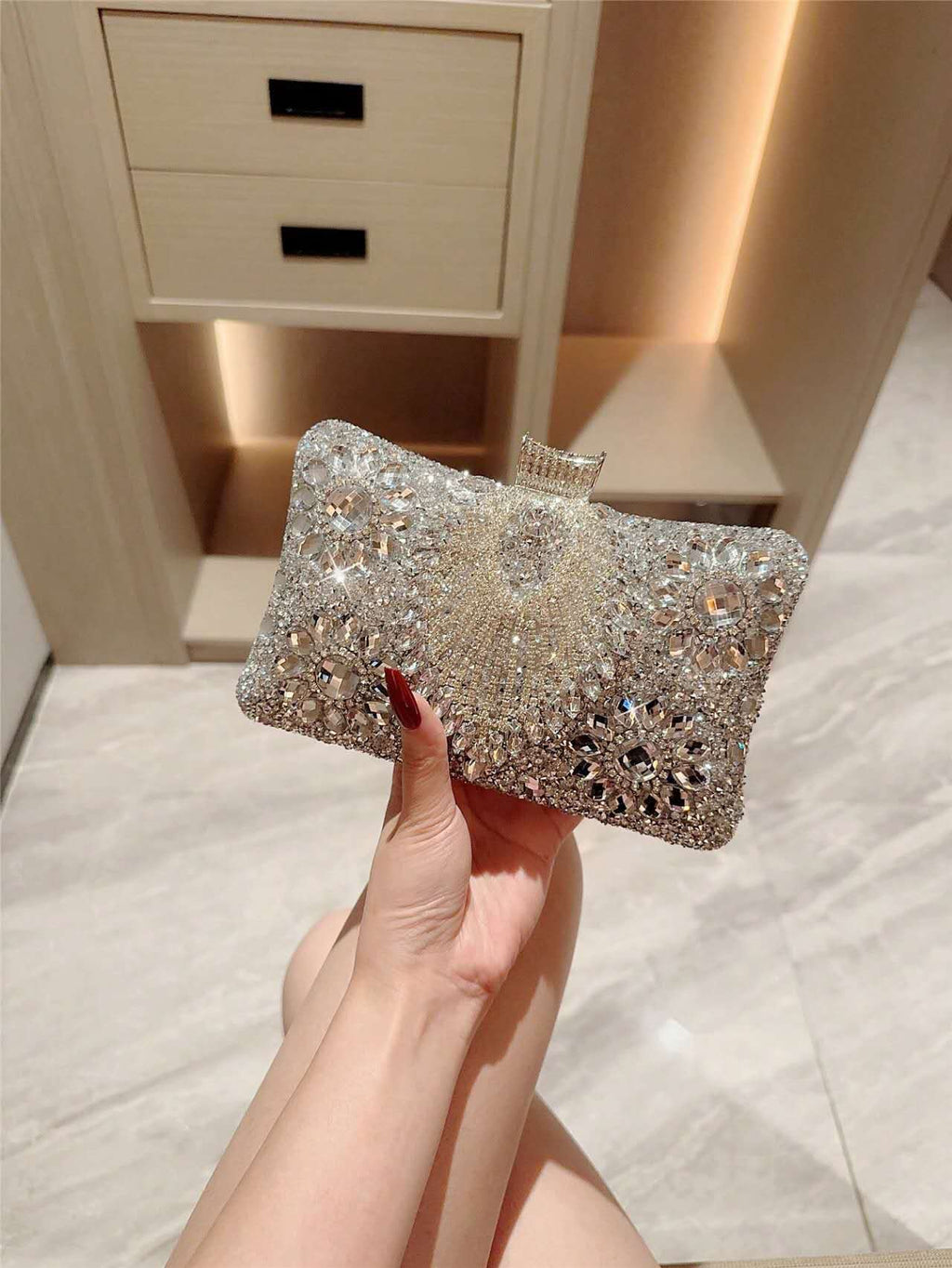 Luxury Rhinestone & Zircon Hard Case Evening Clutch Bag, Metal Handle, Detachable Long Chain, Formal Party Handbag