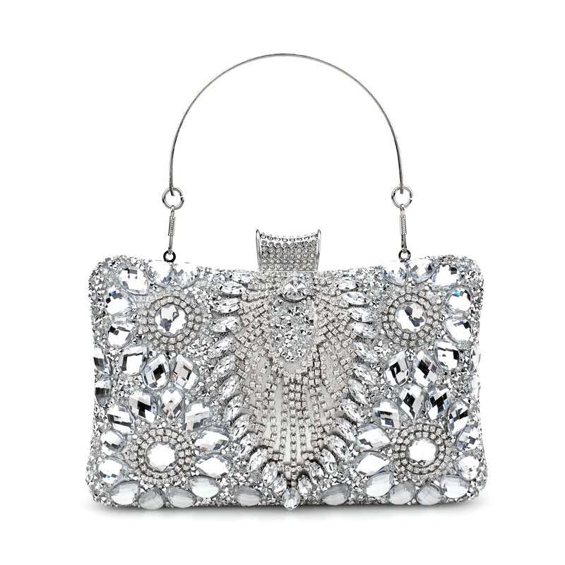 Luxury Rhinestone & Zircon Hard Case Evening Clutch Bag, Metal Handle, Detachable Long Chain, Formal Party Handbag