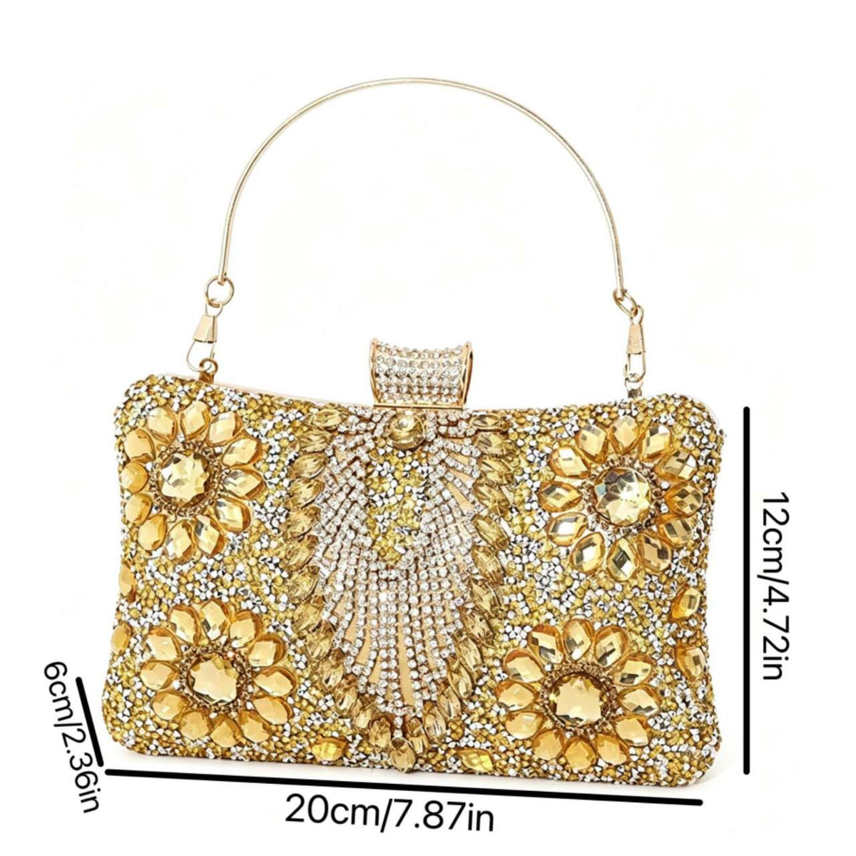 Luxury Rhinestone & Zircon Hard Case Evening Clutch Bag, Metal Handle, Detachable Long Chain, Formal Party Handbag