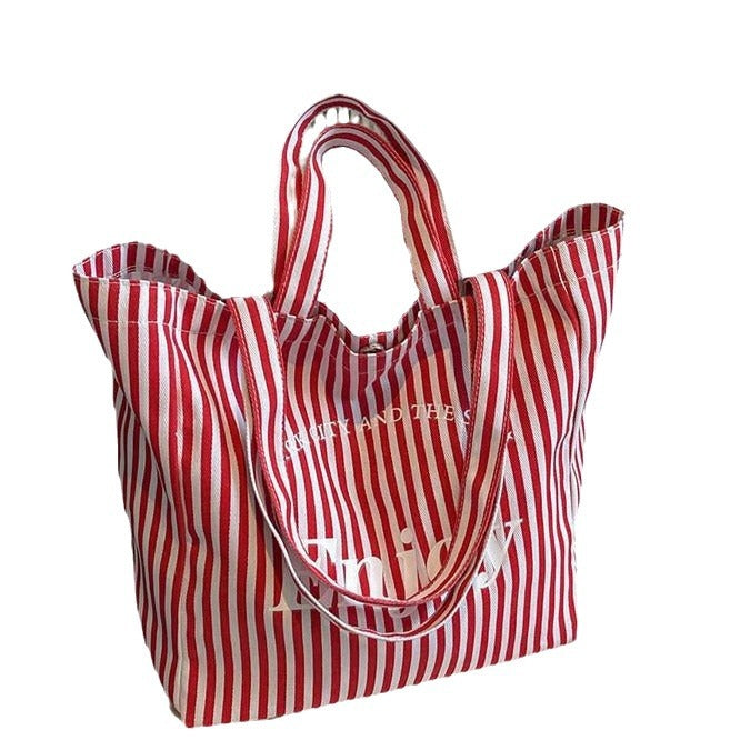 Colorful Stripe Canvas Tote Bag for Women, Large Capacity, Casual Shoulder Handbag, Simple Design