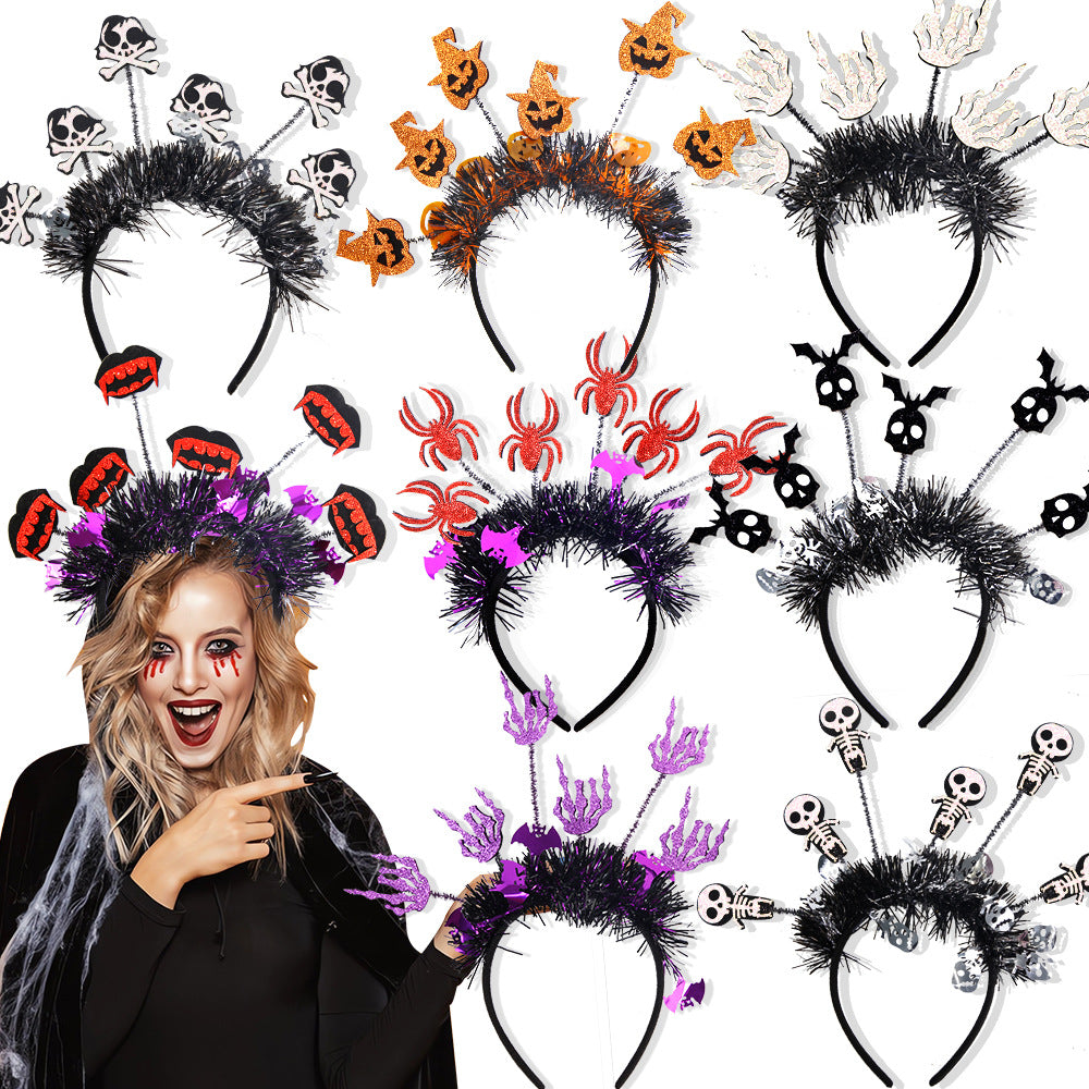 Nouveau bandeau d'Halloween avec motif citrouille, araignée et pompon, rayures colorées, accessoire de fête amusant pour la célébration d'Halloween