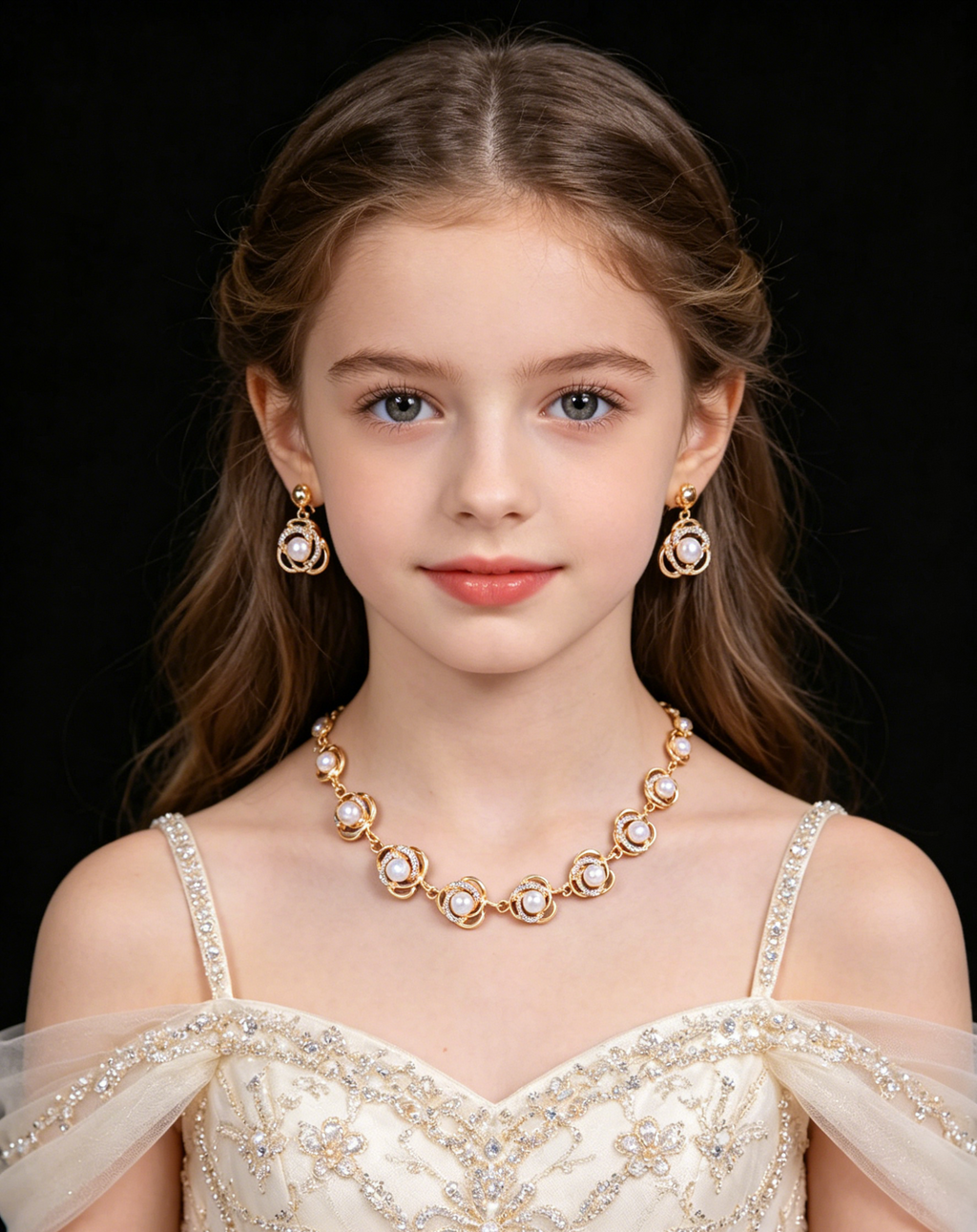 Juego de joyas de perlas con espiral de rosa de 2 colores, chapado en oro y plata, hipoalergénico, collar de perlas con diamantes de imitación y pendientes colgantes para mujer, para bodas o eventos formales.