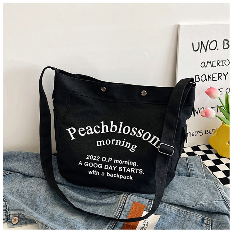 Letter canvas bag, women's new trendy tote bag, student class large capacity crossbody bag