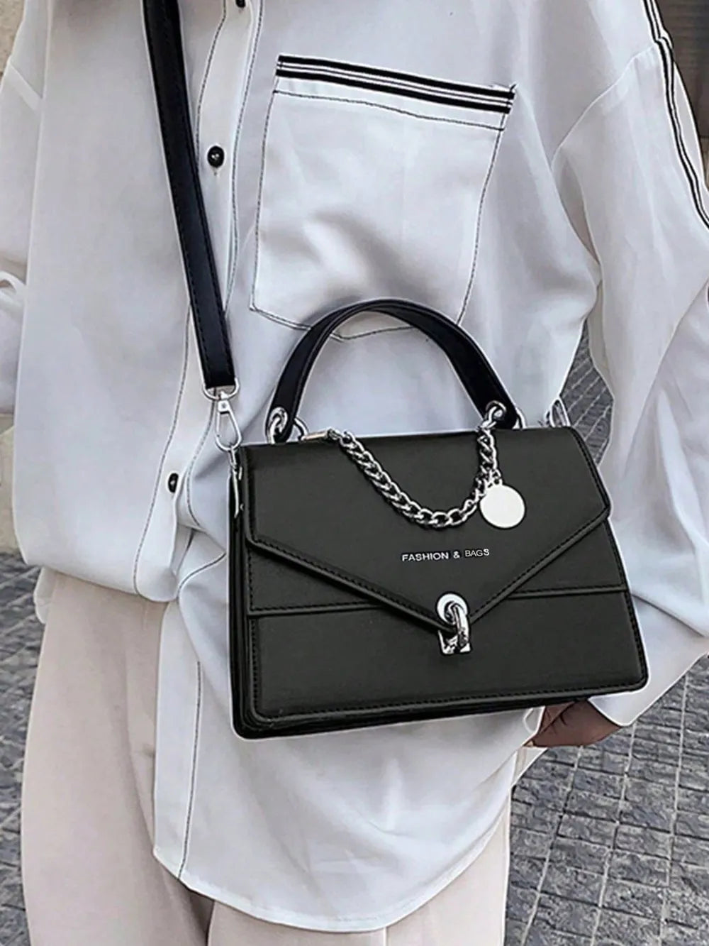 Sac à main en cuir PU avec bandoulière détachable en chaîne