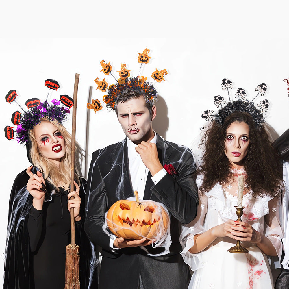 Nouveau bandeau d'Halloween avec motif citrouille, araignée et pompon, rayures colorées, accessoire de fête amusant pour la célébration d'Halloween