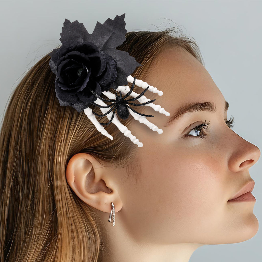 Halloween Ghost Hand Black Rose Spider Hair Clip, Skull Hand Hair Accessory, Horror Costume Party Decoration