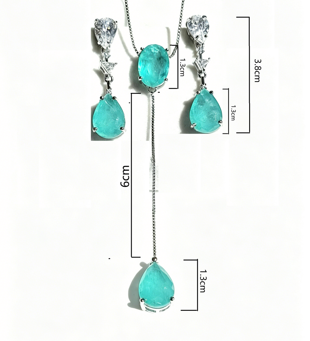 Ensemble de bijoux simulés Tourmaline Paraiba : Collier Lariat et boucles d'oreilles pendantes, hypoallergénique