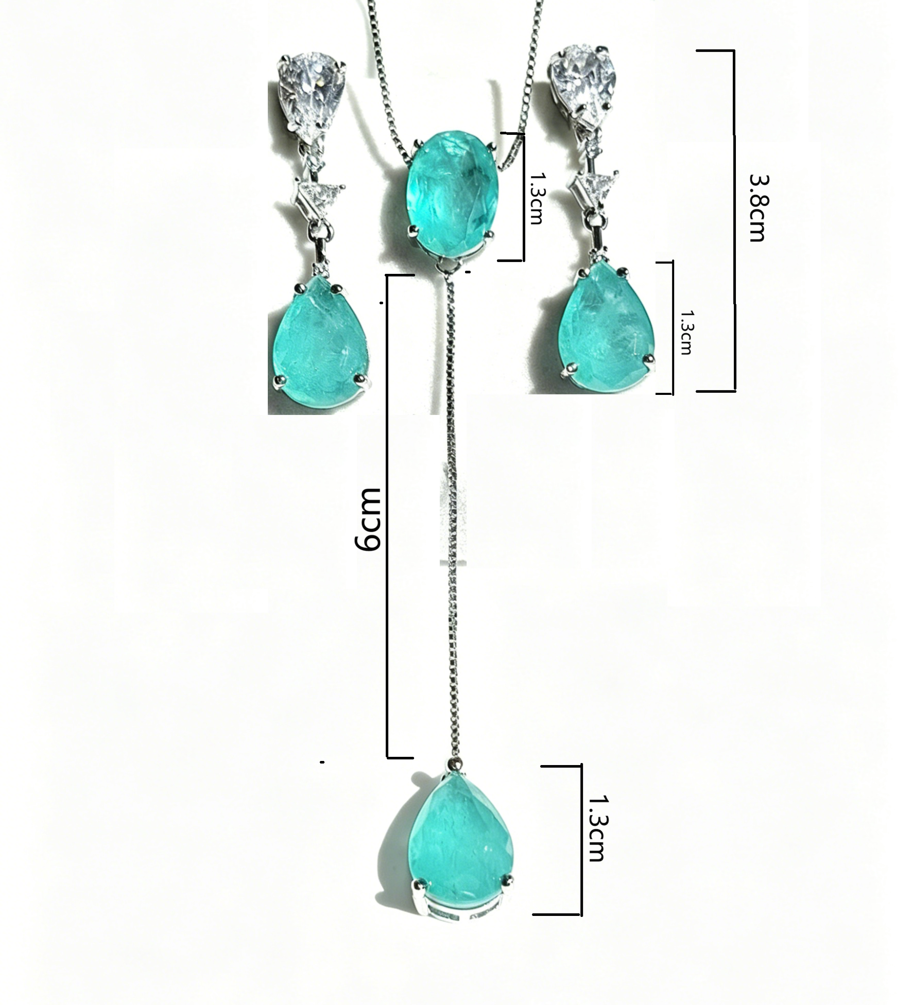 Ensemble de bijoux simulés Tourmaline Paraiba : Collier Lariat et boucles d'oreilles pendantes, hypoallergénique