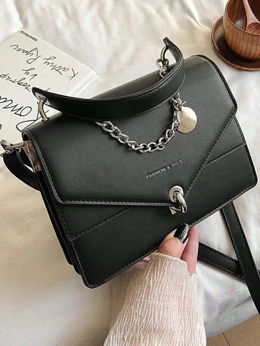 Sac à main en cuir PU avec bandoulière détachable en chaîne