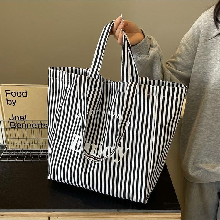 Colorful Stripe Canvas Tote Bag for Women, Large Capacity, Casual Shoulder Handbag, Simple Design