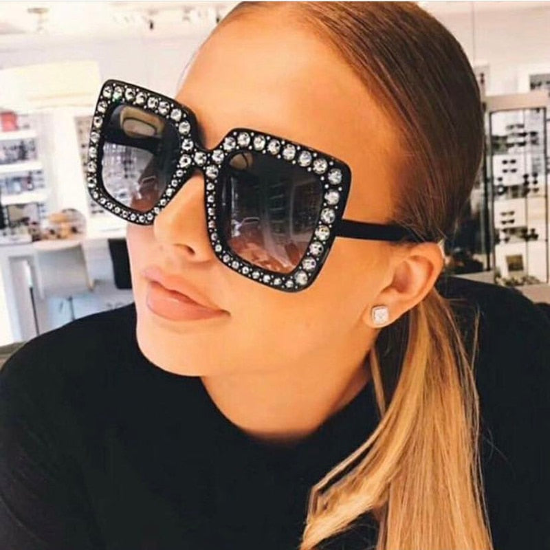 Vintage Oversized Square Colorful Diamond Sunglasses Women Big Frame Luxury Brand Crystal Sun Glasses Rhinestone Eyewear
