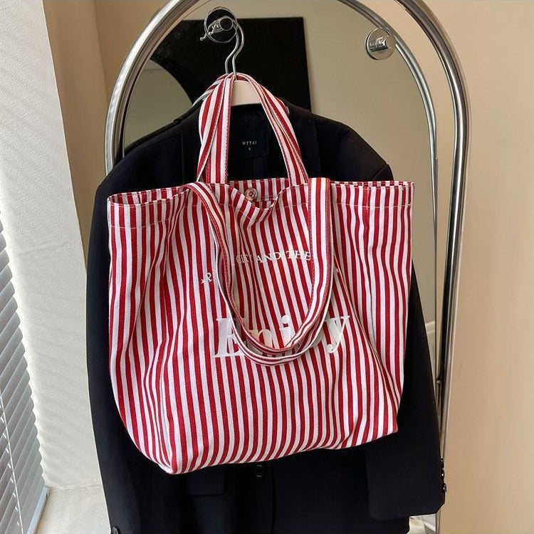 Colorful Stripe Canvas Tote Bag for Women, Large Capacity, Casual Shoulder Handbag, Simple Design