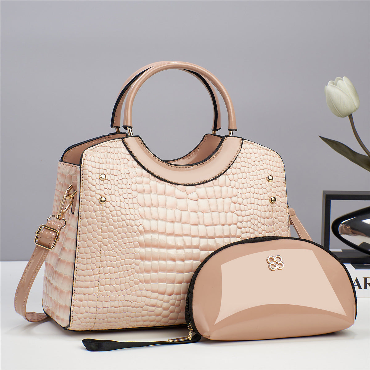 Handbag snake patterned mother and child bag shiny leather platinum bag