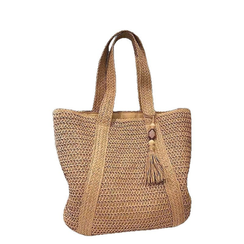 Large capacity commuting straw woven bag hand-held woven vacation style beach shoulder bag
