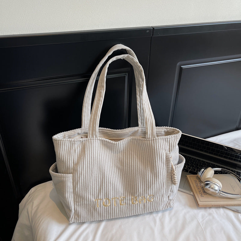 Corduroy shoulder bag large capacity student class bag women's solid color tote bag ﻿