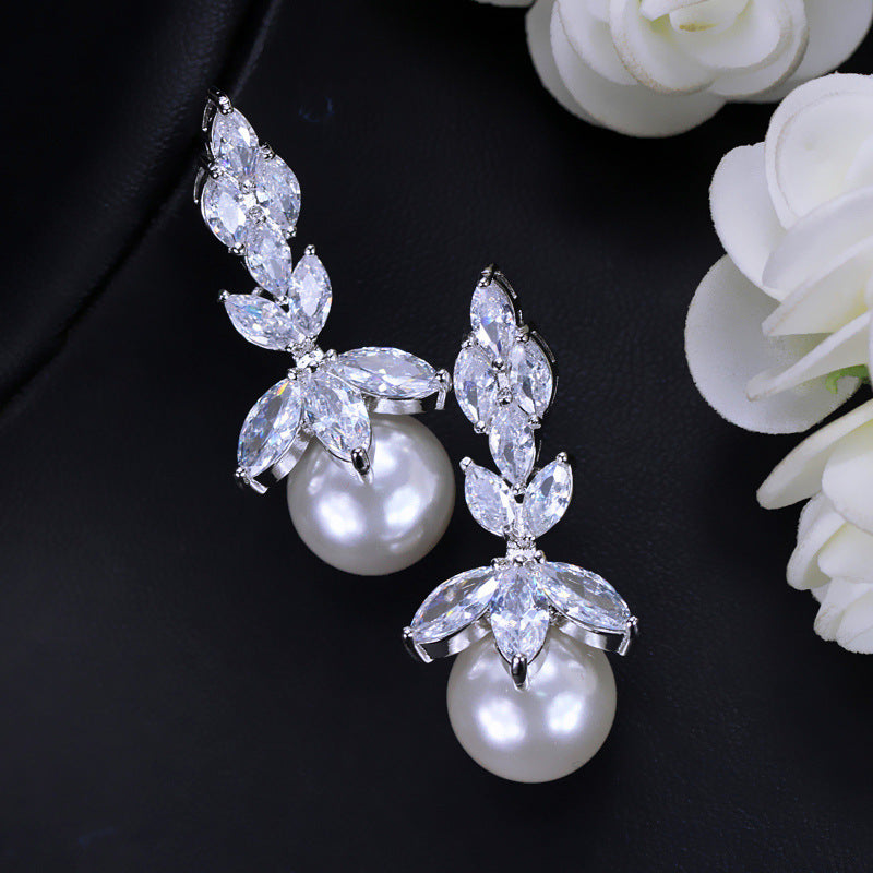 AAA+ Cubic Zirconia Leaf Pearl Drop Earrings, Hypoallergenic