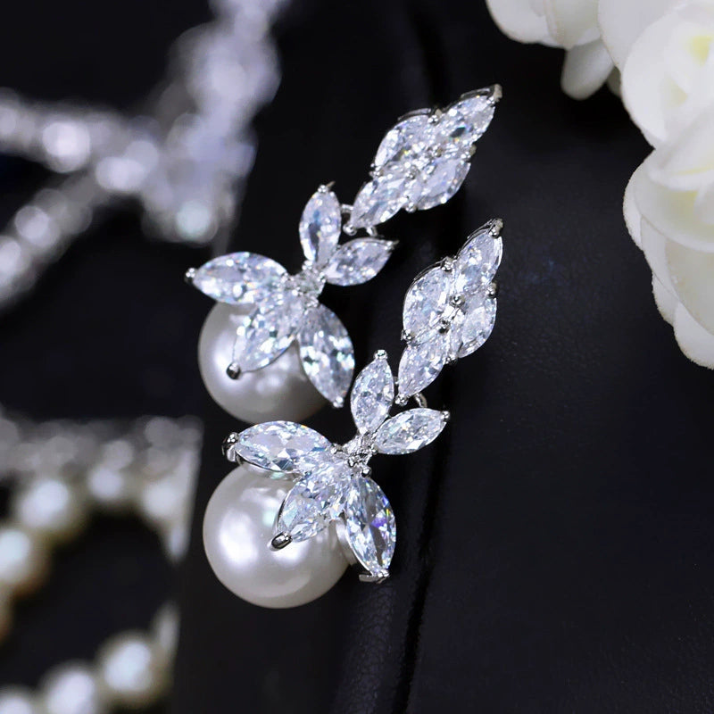 AAA+ Cubic Zirconia Leaf Pearl Drop Earrings, Hypoallergenic