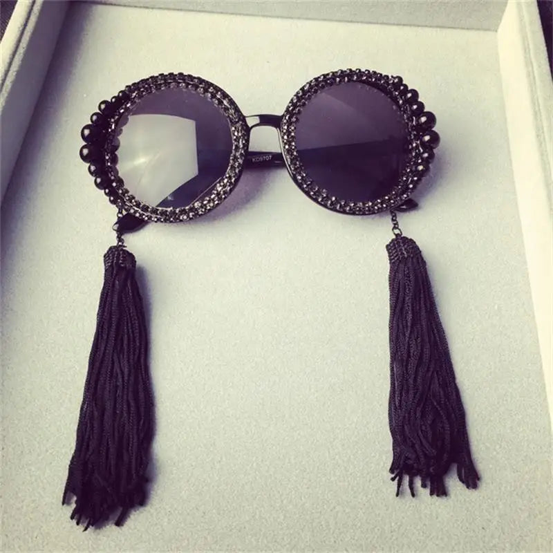round sunglasses women tassel pearl rhinestones decoration sun glasses large frame round glasses female sunglasses
