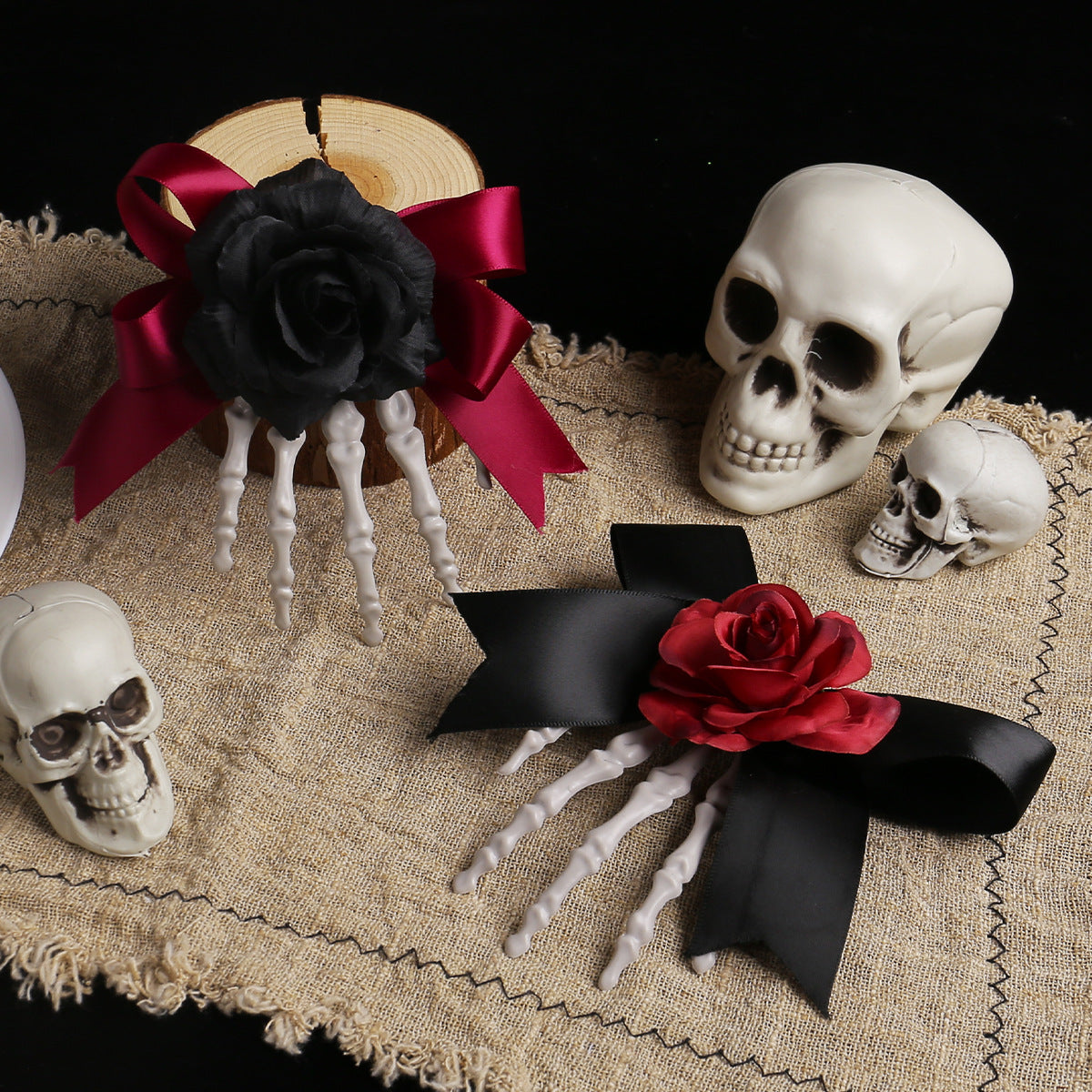 Halloween Skull Skeleton Hand Hair Clip, Ghost Festival Horror Rose Bow Ghost Hand Side Hair Clip