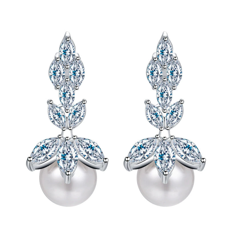 AAA+ Cubic Zirconia Leaf Pearl Drop Earrings, Hypoallergenic