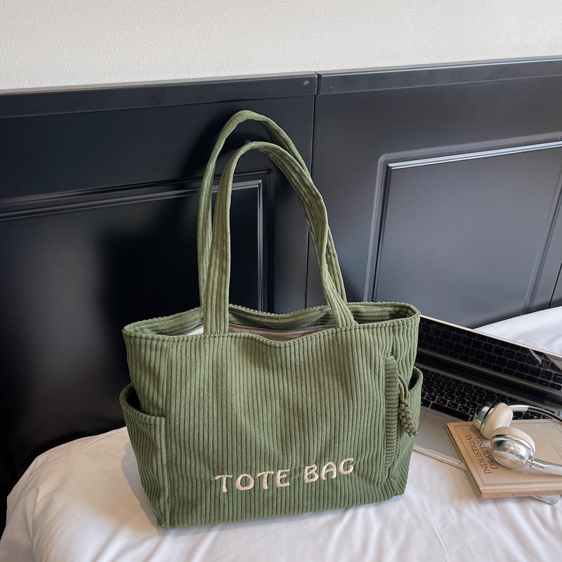 Corduroy shoulder bag large capacity student class bag women's solid color tote bag ﻿