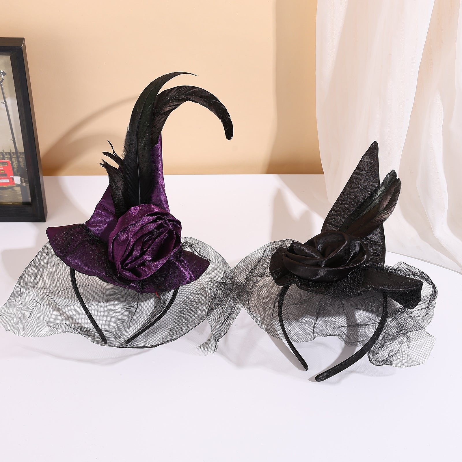 Halloween Party Accessories Witch Hat Headband Vintage Premium Headband Tulle Feather Style