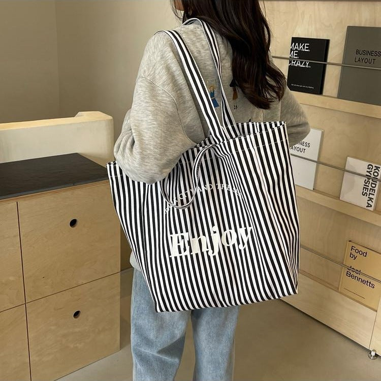 Colorful Stripe Canvas Tote Bag for Women, Large Capacity, Casual Shoulder Handbag, Simple Design