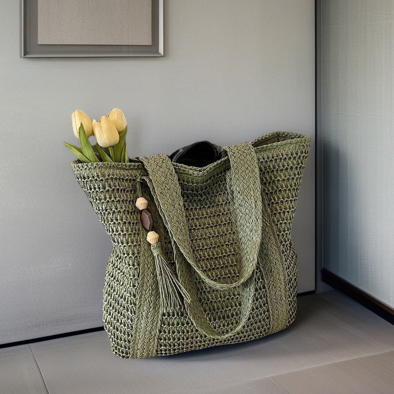 Large capacity commuting straw woven bag hand-held woven vacation style beach shoulder bag